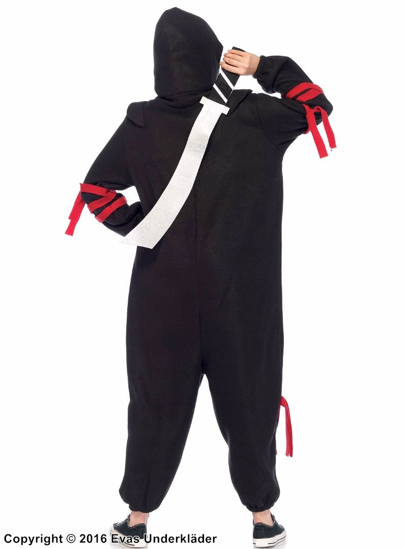 Kvinnelig ninja (også kjent som kunoichi), kostyme kigurumi-jumpsuit, hette, stropper, glidelås på forsiden